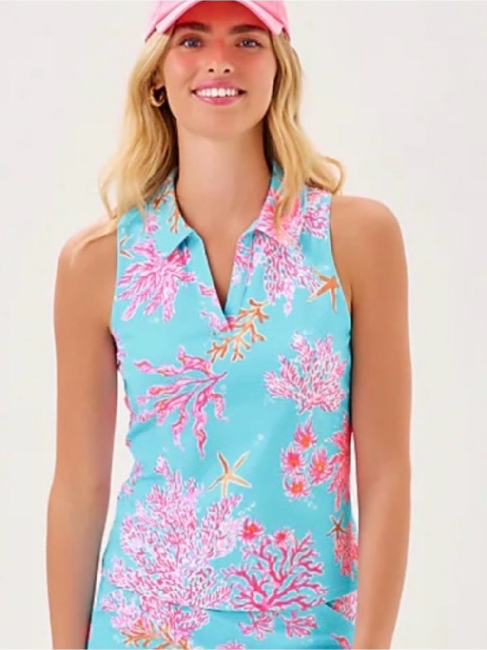Lilly Pulitzer Aqua Coral-Print Sleeveless LuxLetic Polo Tank, size xl
